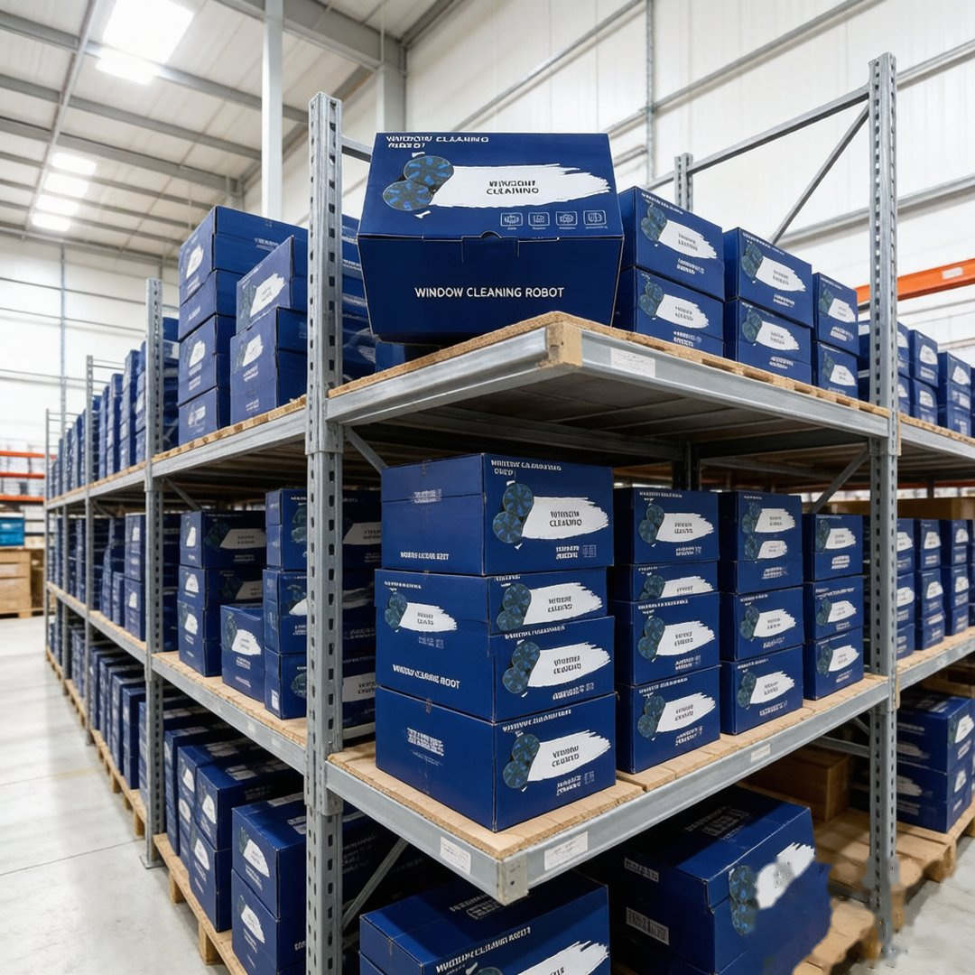 Bulk stock of finished C03 window cleaning robots in branded color boxes