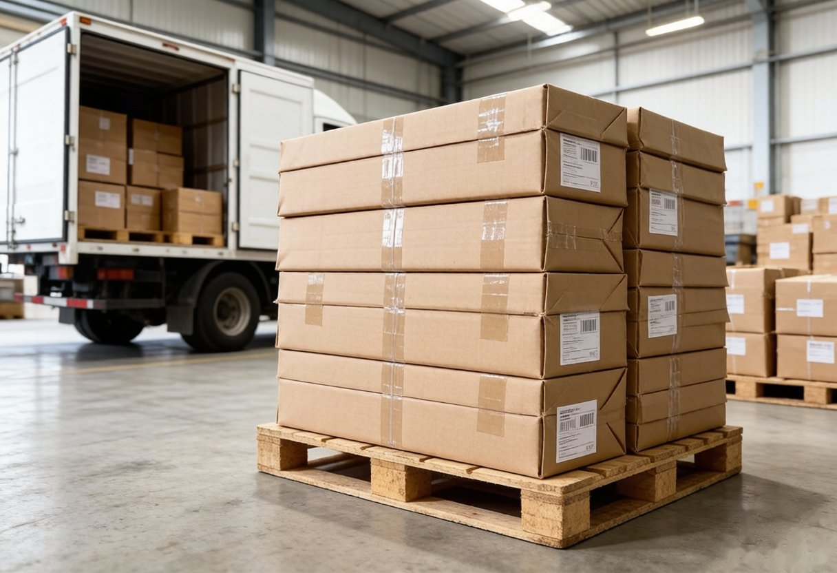 Warehouse pallets loaded onto delivery truck for shipment